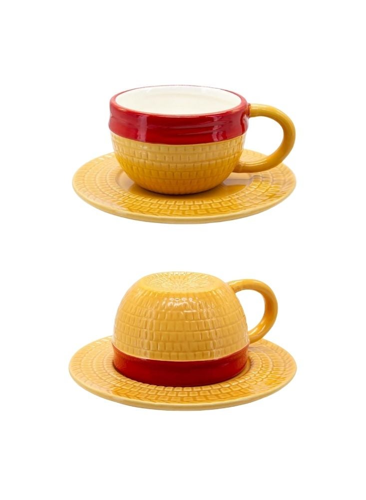 Premium Textured Ceramic Tea Cup & Saucer – Yellow & Red Vintage Style Coffee Set - Image 1